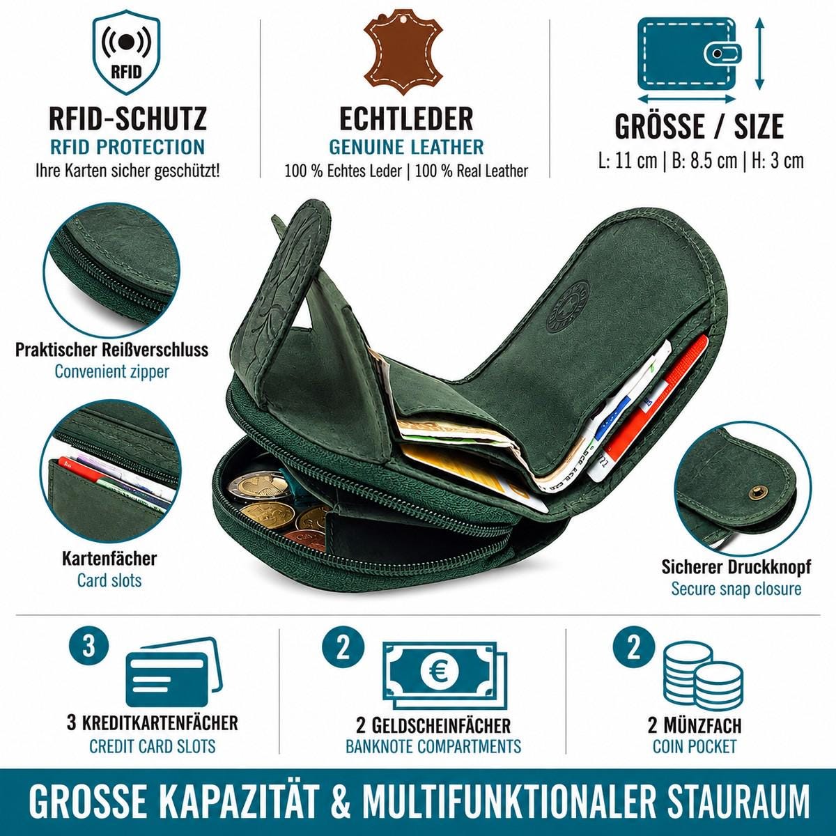 Damen Geldbörse aus Echtleder mit RFID-Schutz, Grün, 11 × 8,5 × 3 cm, Rosenprägung, kompakt