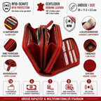 Damen Geldbörse aus Echtleder mit RFID-Schutz, Rot, 14 × 10 × 4,5 cm, florale Prägung und Reißverschluss