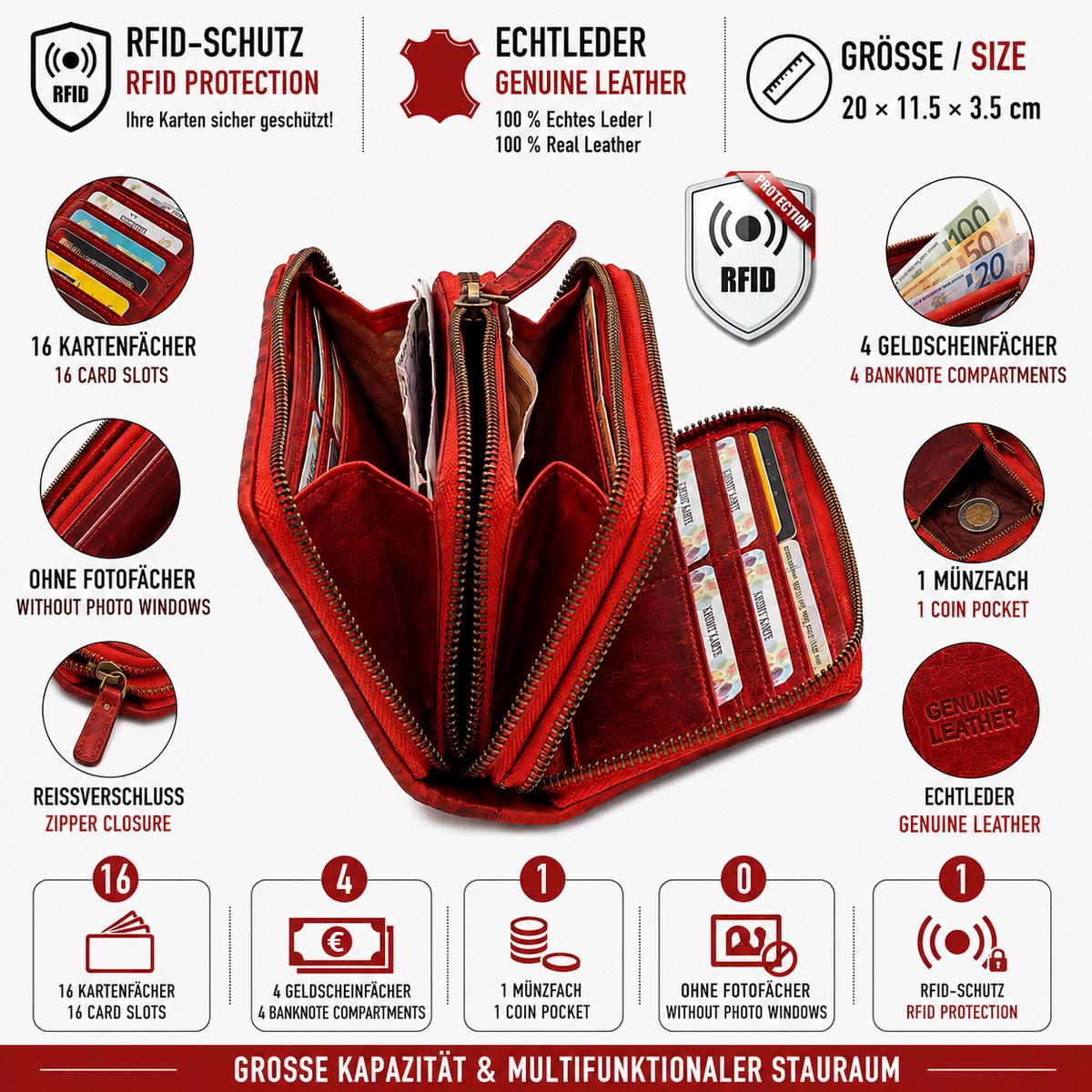 Damen Geldbörse aus Echtleder mit RFID-Schutz, Rot, 14 × 10 × 4,5 cm, florale Prägung und Reißverschluss