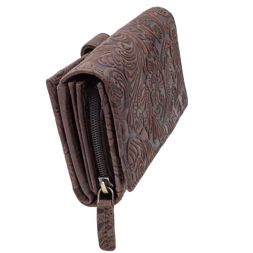 Damen Geldbörse aus Echtleder mit RFID-Schutz, Braun, 17 × 10 × 3,5 cm, florale Prägung, 26 Kartenfächer