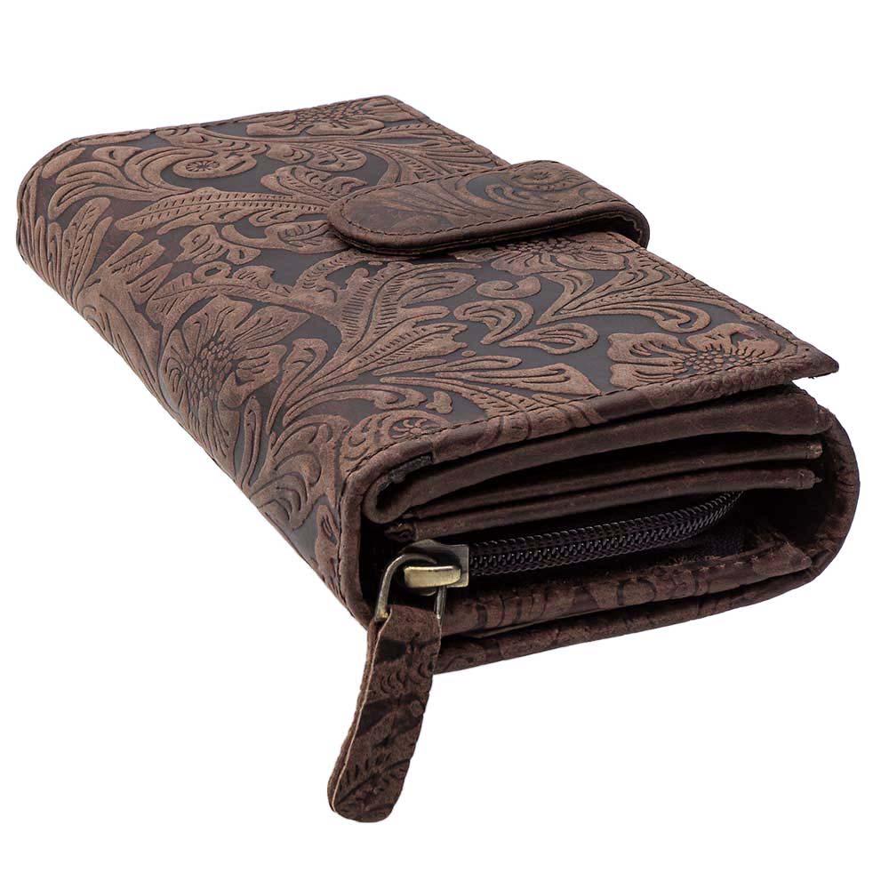 Damen Geldbörse aus Echtleder mit RFID-Schutz, Braun, 17 × 10 × 3,5 cm, florale Prägung, 26 Kartenfächer