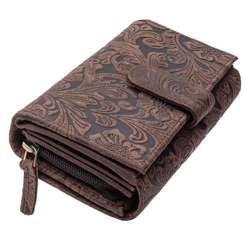 Damen Geldbörse aus Echtleder mit RFID-Schutz, Braun, 17 × 10 × 3,5 cm, florale Prägung, 26 Kartenfächer