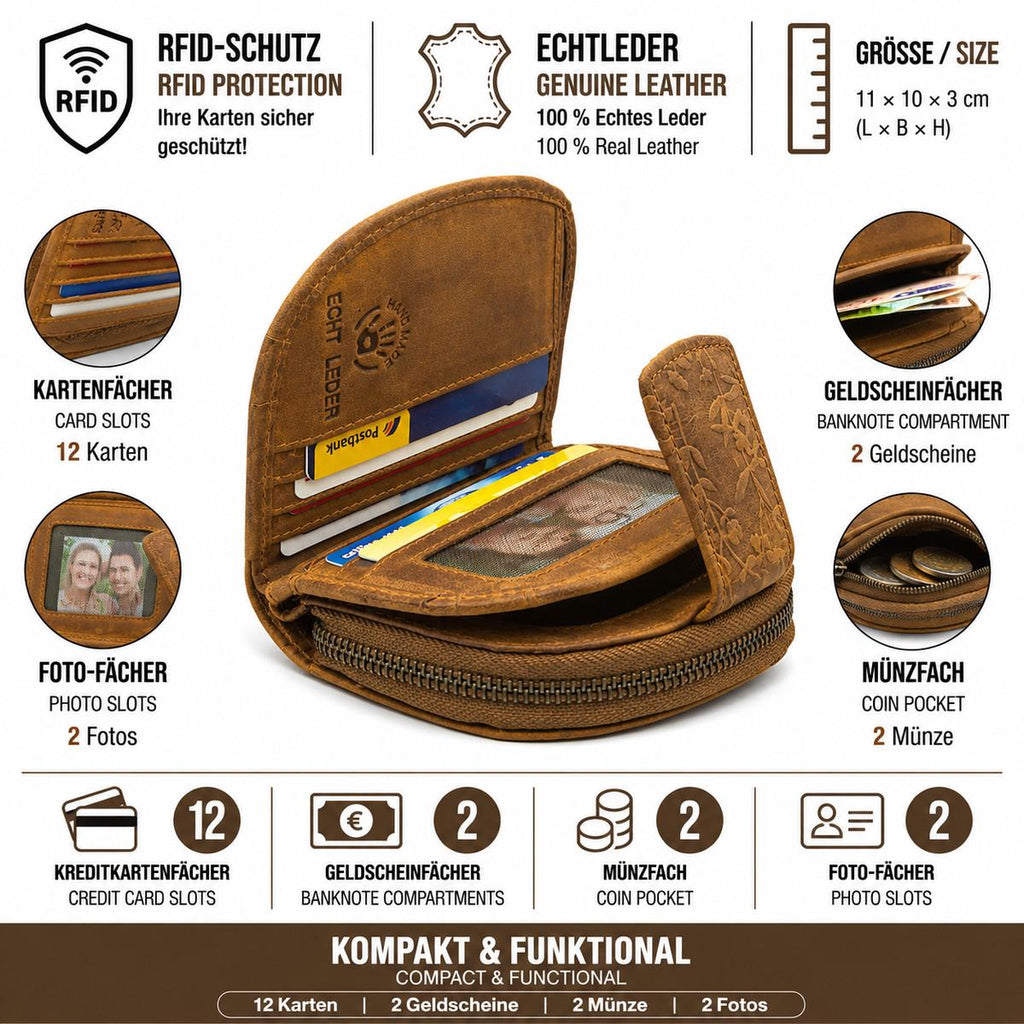 Damen Geldbörse aus Echtleder mit RFID-Schutz, Cognac Braun, 11 × 10 × 3 cm, Blumenprägung, 12 Kartenfächer
