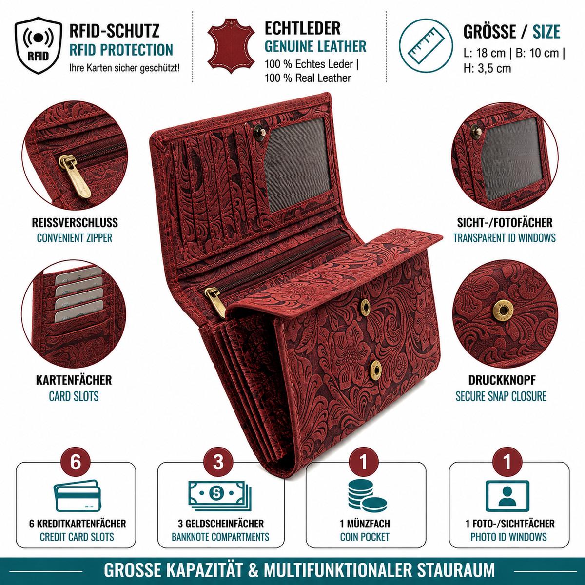 Damen Geldbörse aus Echtleder mit RFID-Schutz, Rot, 18 × 10 × 3,5 cm, Blumenprägung, großes Portemonnaie