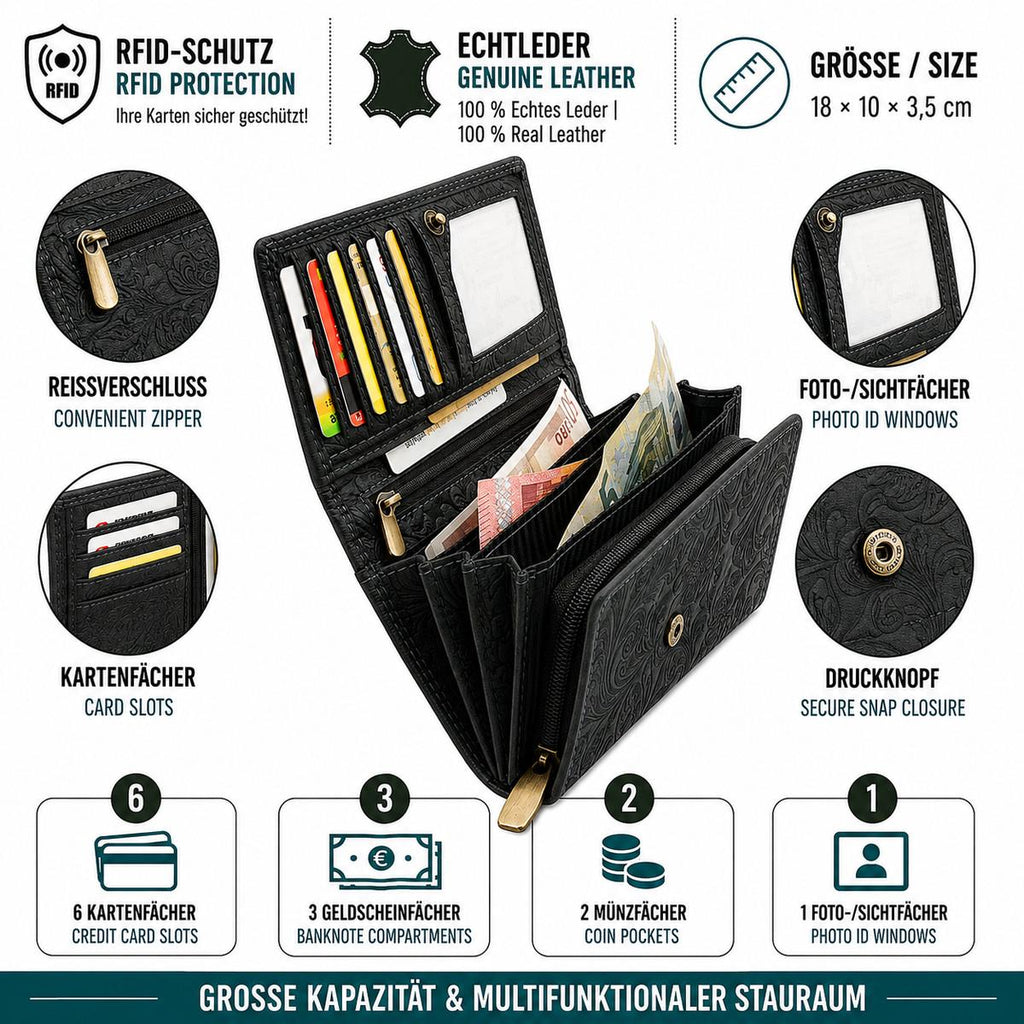 Damen Geldbörse aus Echtleder mit RFID-Schutz, Grau, 18 × 10 × 3,5 cm, florale Prägung, große Lederbörse