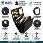Damen Geldbörse aus Echtleder mit RFID-Schutz, Grau, 18 × 10 × 3,5 cm, florale Prägung, große Lederbörse