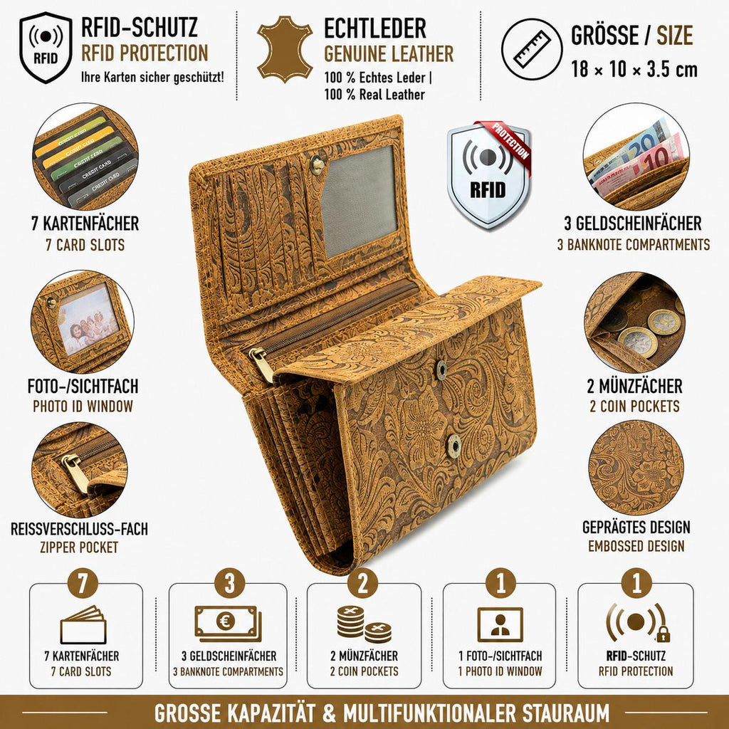 Damen Geldbörse aus Echtleder mit RFID-Schutz, Cognac Braun, 18 × 10 × 3,5 cm, Blumenprägung, 7 Kartenfächer