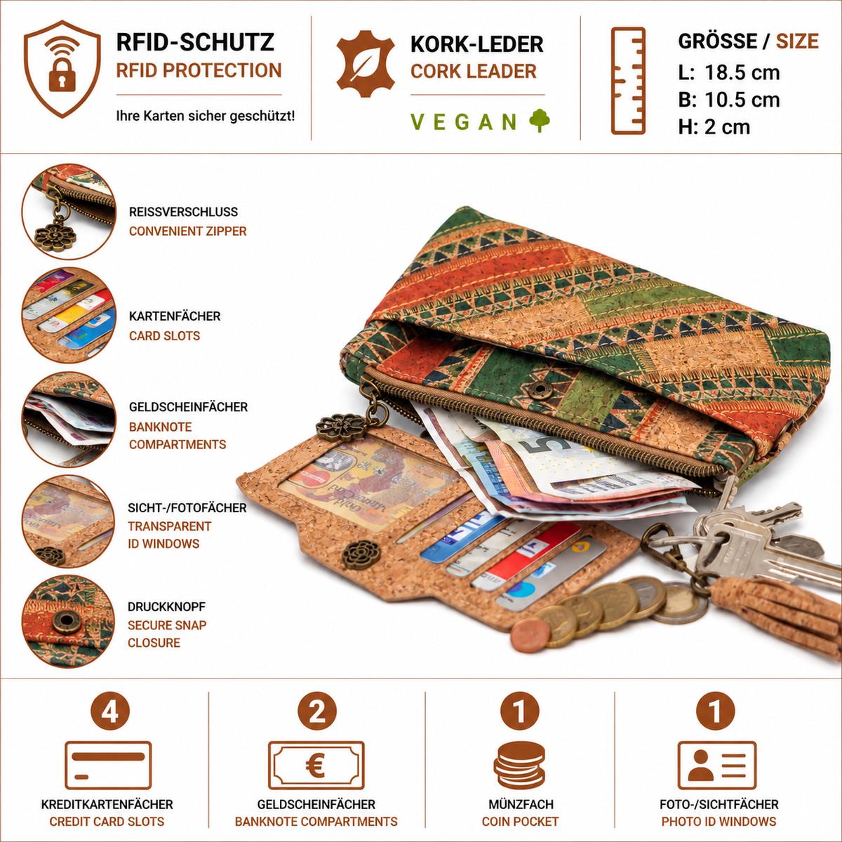 Damen Kork Portemonnaie RFID – vegane Geldbörse mit 4 Kartenfächern, Münzfach, Sichtfach und Reißverschluss
