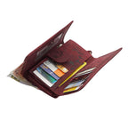Damen Geldbörse aus Echtleder mit RFID-Schutz, Rot, 15 × 10 × 4,5 cm, 12 Kartenfächer, florale Prägung