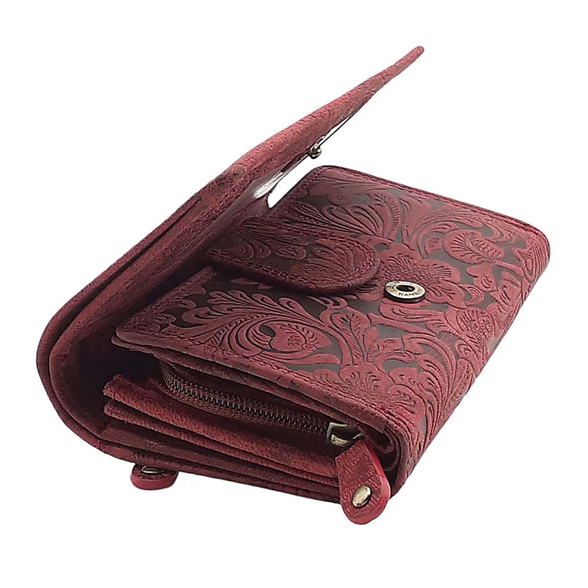 Damen Geldbörse aus Echtleder mit RFID-Schutz, Rot, 15 × 10 × 4,5 cm, 12 Kartenfächer, florale Prägung