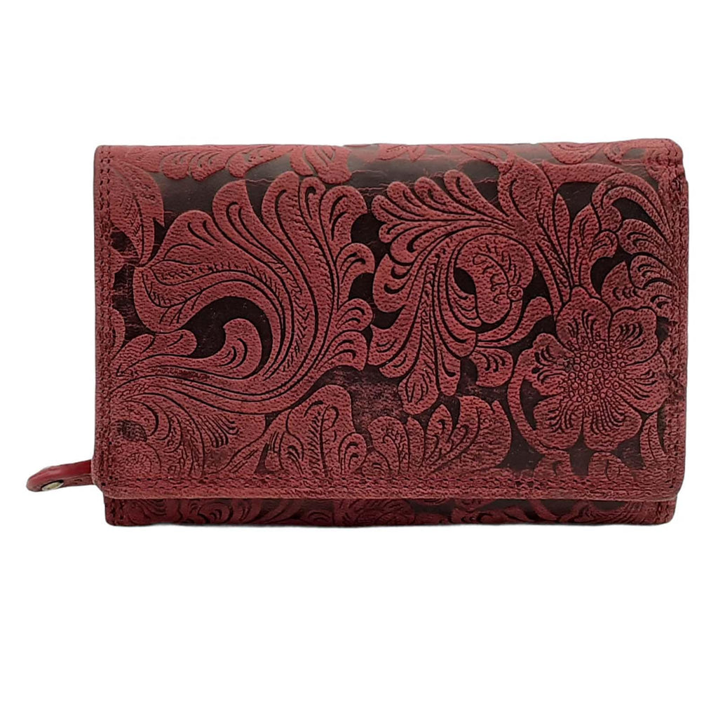 Damen Geldbörse aus Echtleder mit RFID-Schutz, Rot, 15 × 10 × 4,5 cm, 12 Kartenfächer, florale Prägung
