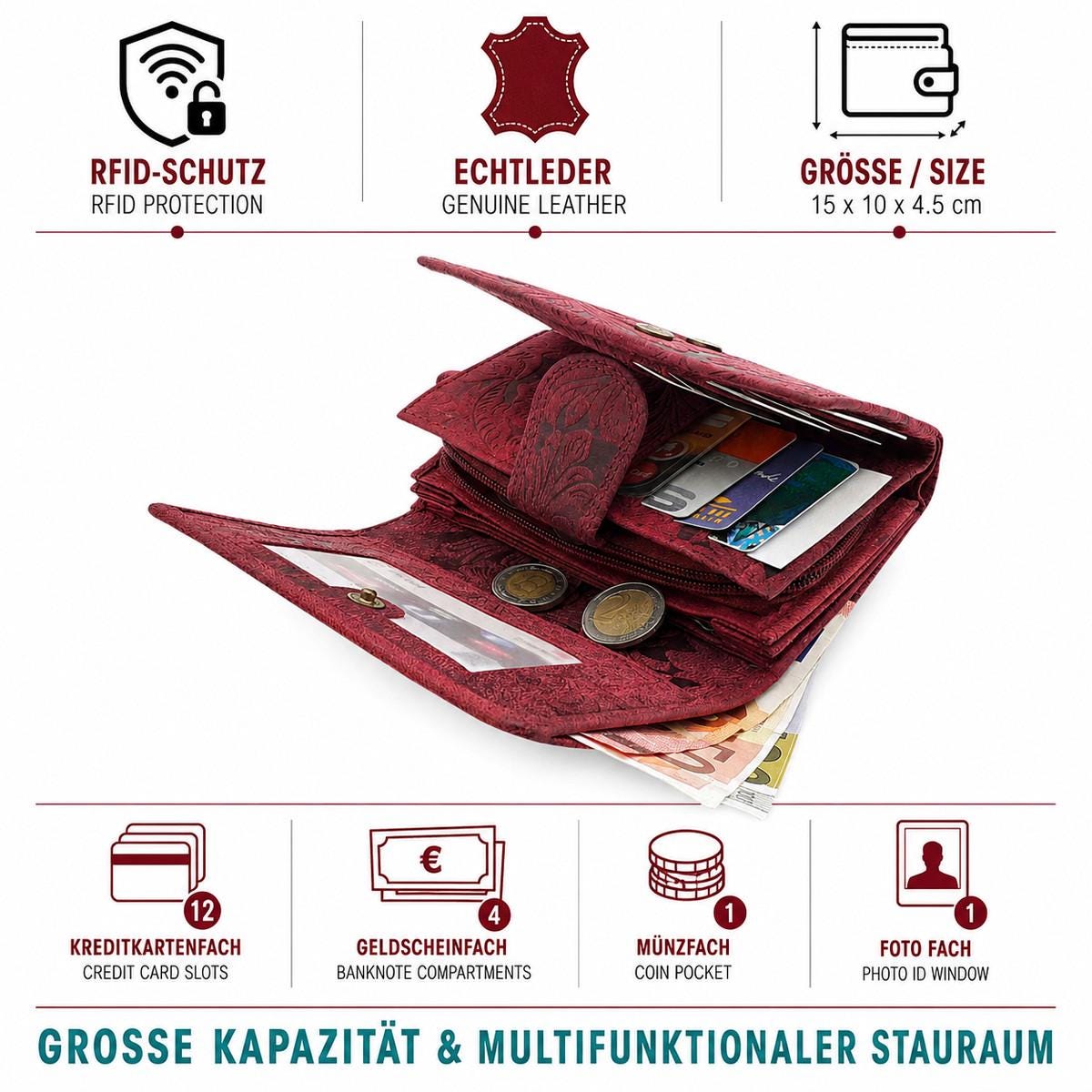 Damen Geldbörse aus Echtleder mit RFID-Schutz, Rot, 15 × 10 × 4,5 cm, 12 Kartenfächer, florale Prägung