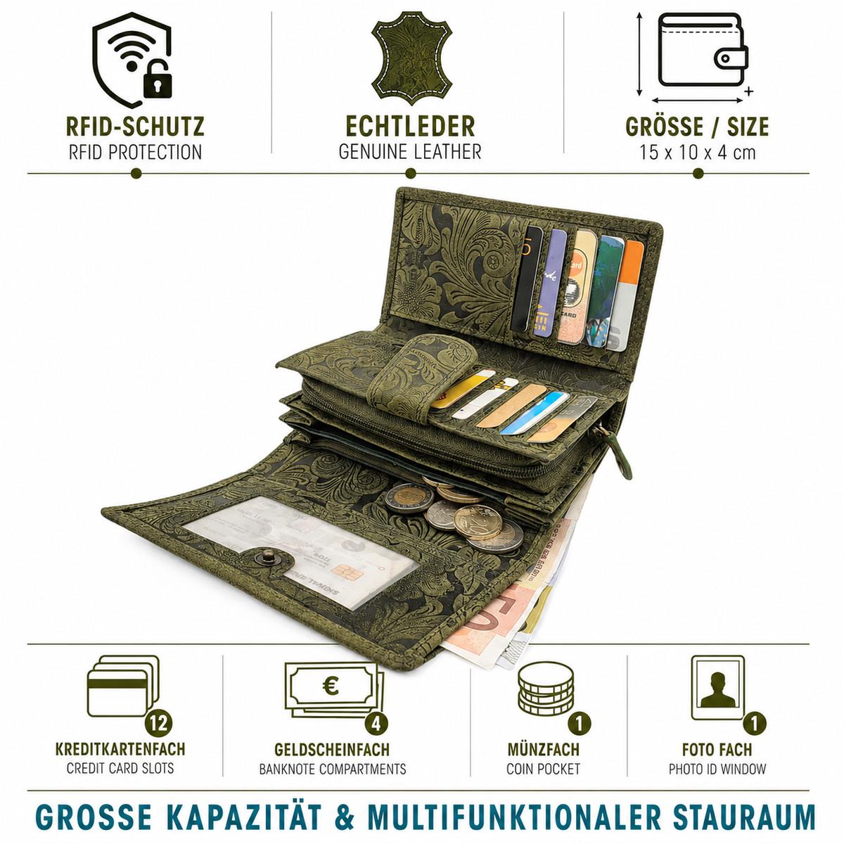 Damen Geldbörse aus Echtleder mit RFID-Schutz, Grün, 15 × 10 × 4 cm, 12 Kartenfächer, florale Prägung