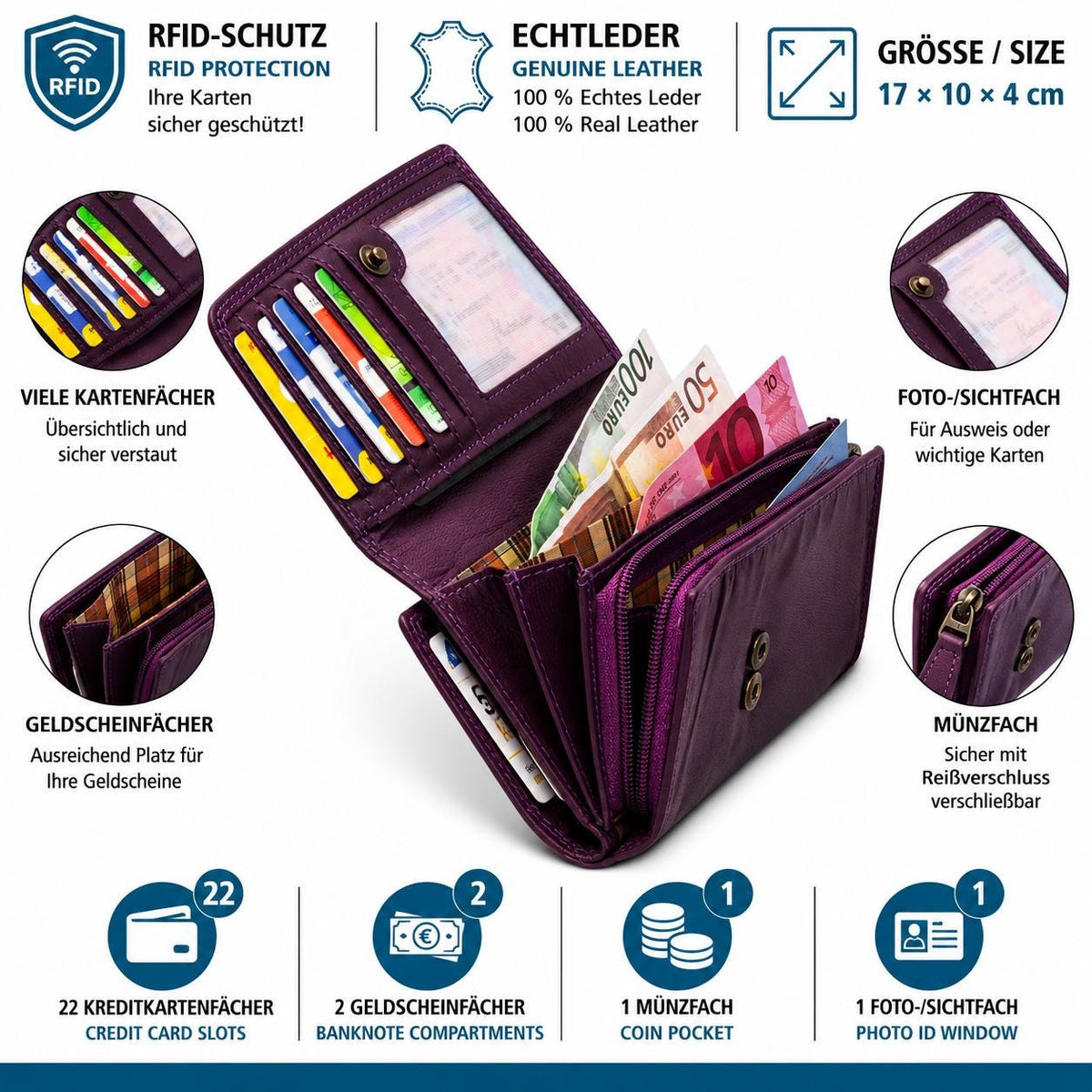 Damen Geldbörse Echtleder Braun mit RFID-Schutz, 17 × 10 × 4 cm, großes Portemonnaie mit 22 Kartenfächern