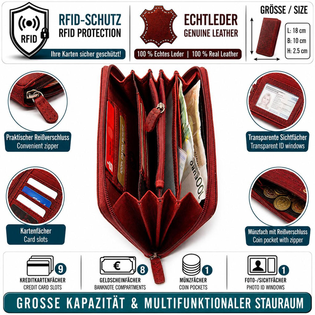 Damen Geldbörse aus Echtleder mit RFID-Schutz, Rot, 18 × 10 × 2,5 cm, florale Prägung, Reißverschluss