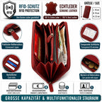 Damen Geldbörse aus Echtleder mit RFID-Schutz, Rot, 18 × 10 × 2,5 cm, florale Prägung, Reißverschluss