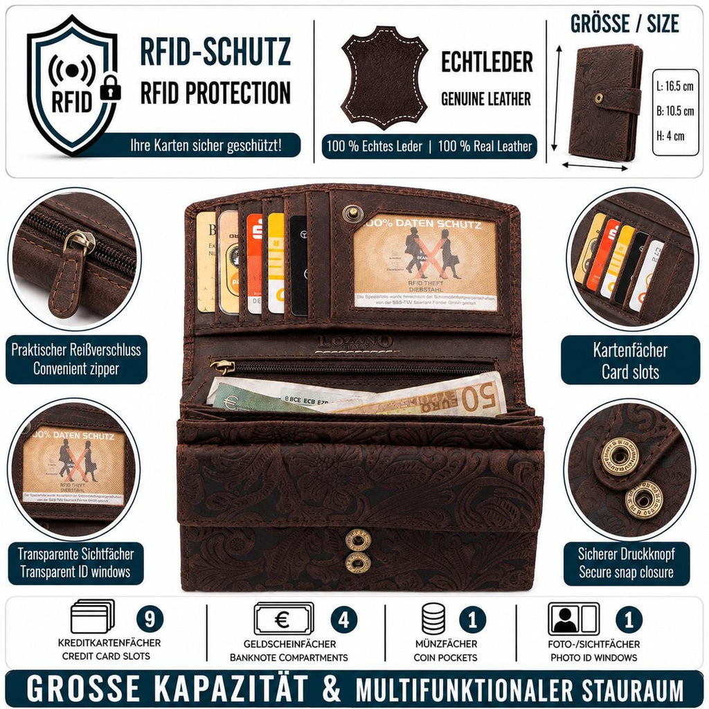 Damen Geldbörse aus Echtleder mit RFID-Schutz, Braun, 16,5 × 10,5 × 4 cm, florale Prägung, viele Fächer