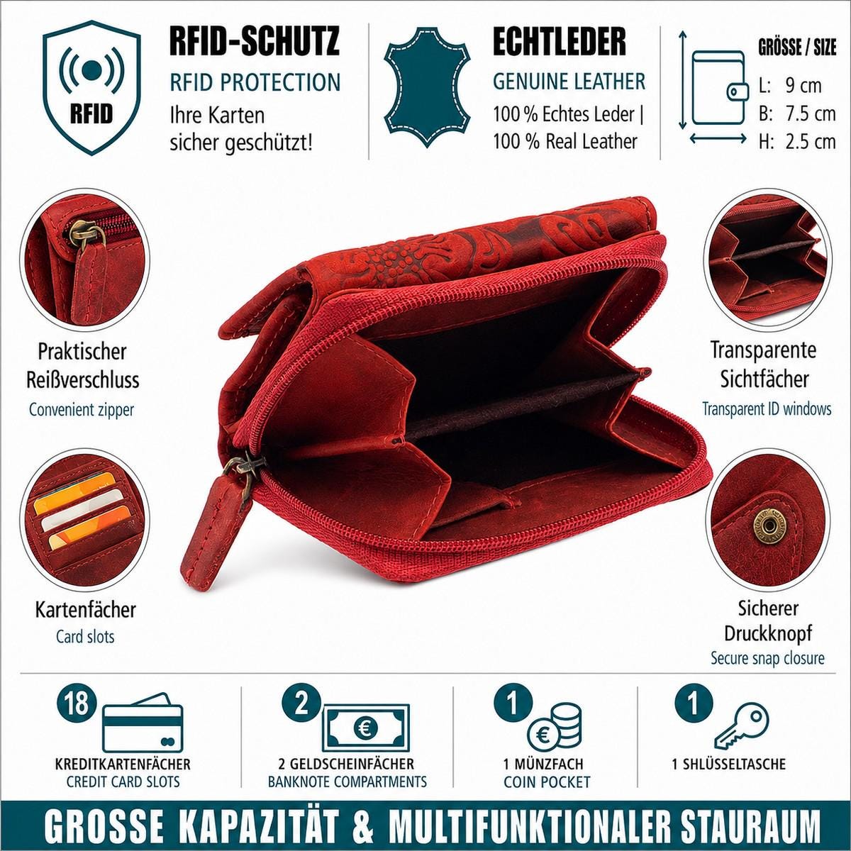 Damen Geldbörse aus Echtleder mit RFID-Schutz, Rot, 9 × 7,5 × 2,5 cm, Blumenprägung, 18 Kartenfächer