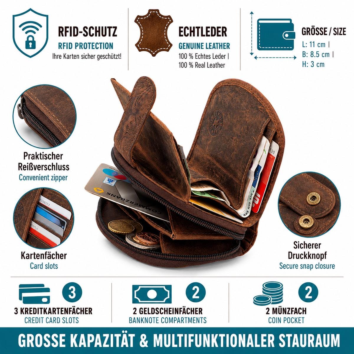 Damen Geldbörse aus Echtleder mit RFID-Schutz, Braun, 11 × 8,5 × 3 cm, Rosenprägung, Reißverschluss