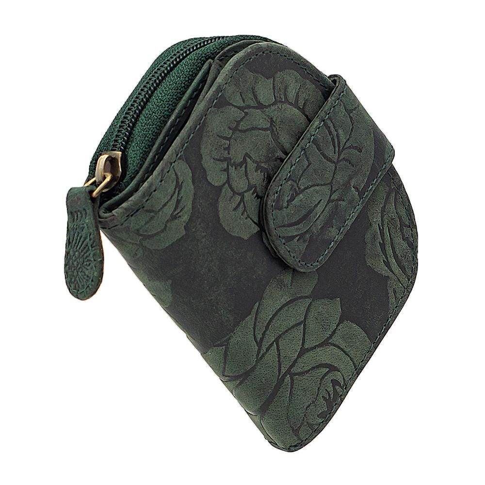 Damen Geldbörse aus Echtleder mit RFID-Schutz, Grün, 11 × 8,5 × 3 cm, Rosenprägung, kompakt