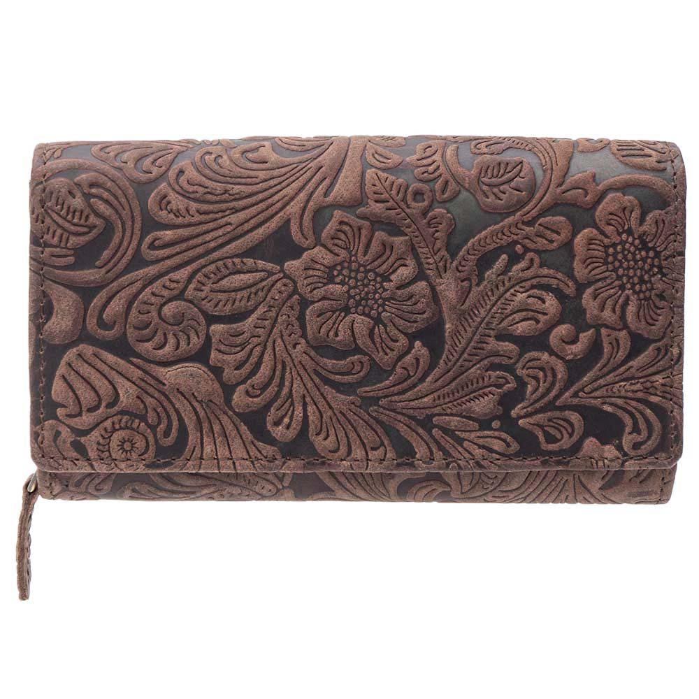 Damen Geldbörse aus Echtleder mit RFID-Schutz, Braun, 17 × 10 × 3,5 cm, florale Prägung, 26 Kartenfächer