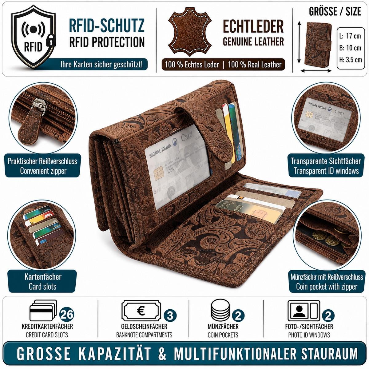 Damen Geldbörse aus Echtleder mit RFID-Schutz, Braun, 17 × 10 × 3,5 cm, florale Prägung, 26 Kartenfächer
