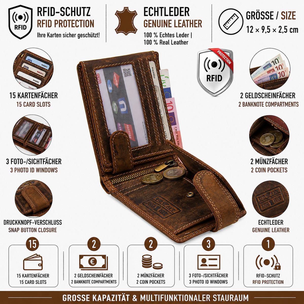 Herren Geldbörse aus Echtleder mit RFID-Schutz, Braun, 12 × 9,5 × 2,5 cm, 15 Kartenfächer und Münzfach
