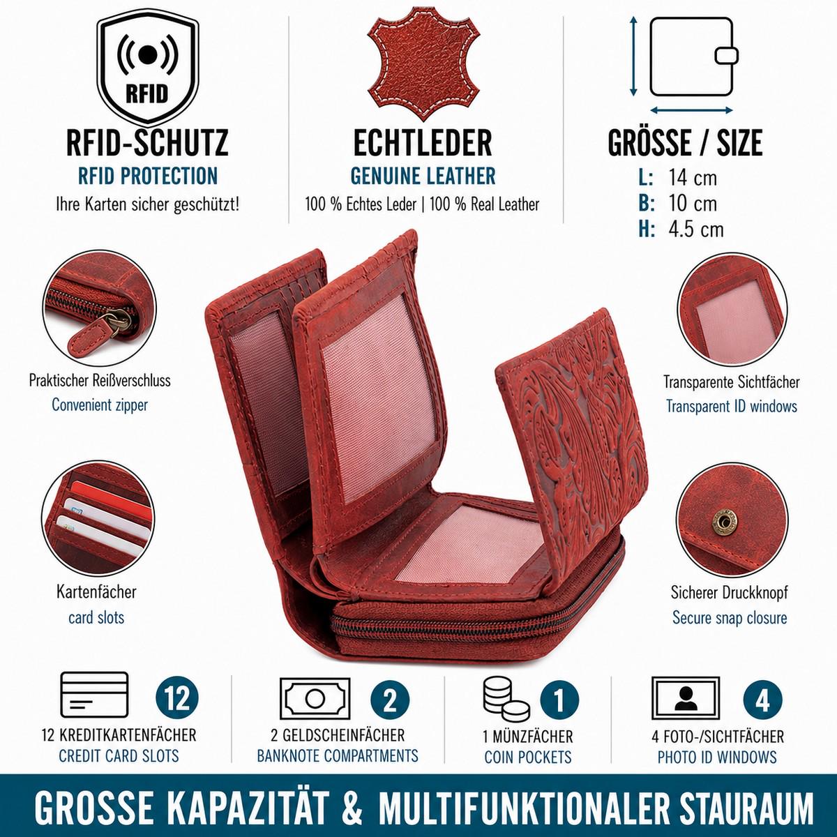 Damen Geldbörse aus Echtleder mit RFID-Schutz, Rot, 14 × 10 × 4,5 cm, florale Prägung, 12 Kartenfächer