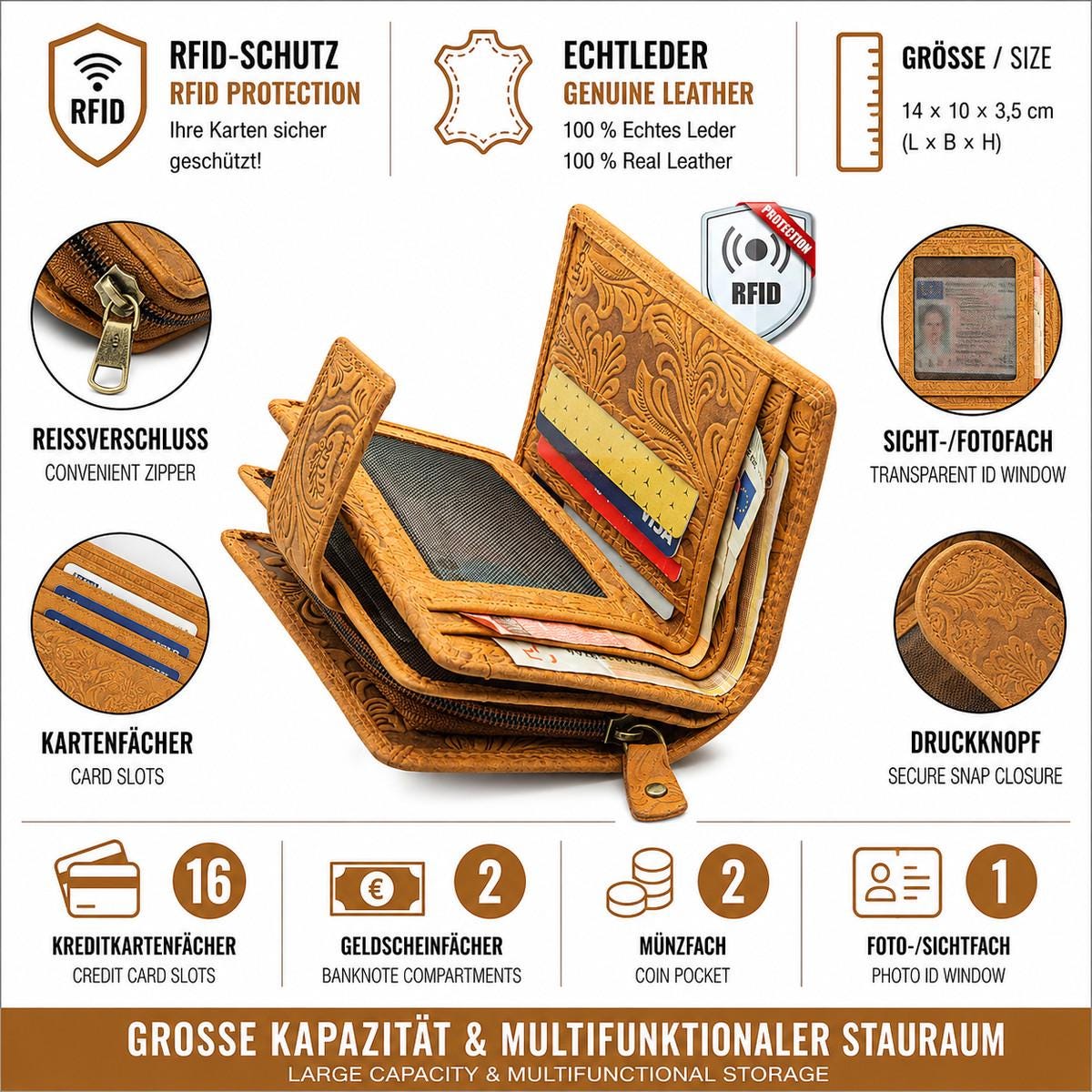 Damen Geldbörse aus Echtleder mit RFID-Schutz, Cognac, 15 × 10 × 3,5 cm, floral geprägt, 16 Kartenfächer