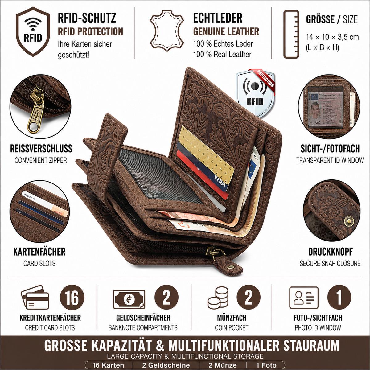Damen Geldbörse Echtleder mit RFID-Schutz, Braun, 14 × 10 × 3,5 cm, floral geprägt, 16 Kartenfächer