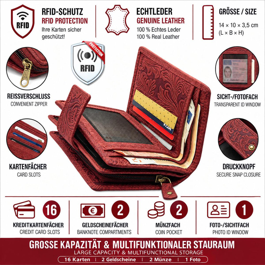 Damen Geldbörse aus Echtleder mit RFID-Schutz, Rot, 14 × 10 × 4,5 cm, geprägtes Blumenmuster, großer Stauraum