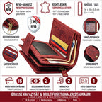 Damen Geldbörse aus Echtleder mit RFID-Schutz, Rot, 14 × 10 × 4,5 cm, geprägtes Blumenmuster, großer Stauraum