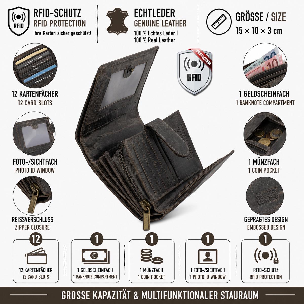 Damen Geldbörse Echtleder mit RFID-Schutz, Grau Braun, 12 Kartenfächer, großes Portemonnaie 15 × 10 × 3 cm