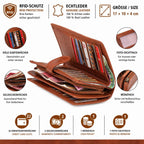 Damen Geldbörse Echtleder Cognac Braun mit RFID-Schutz, 17 × 10 × 4 cm, großes Portemonnaie mit 22